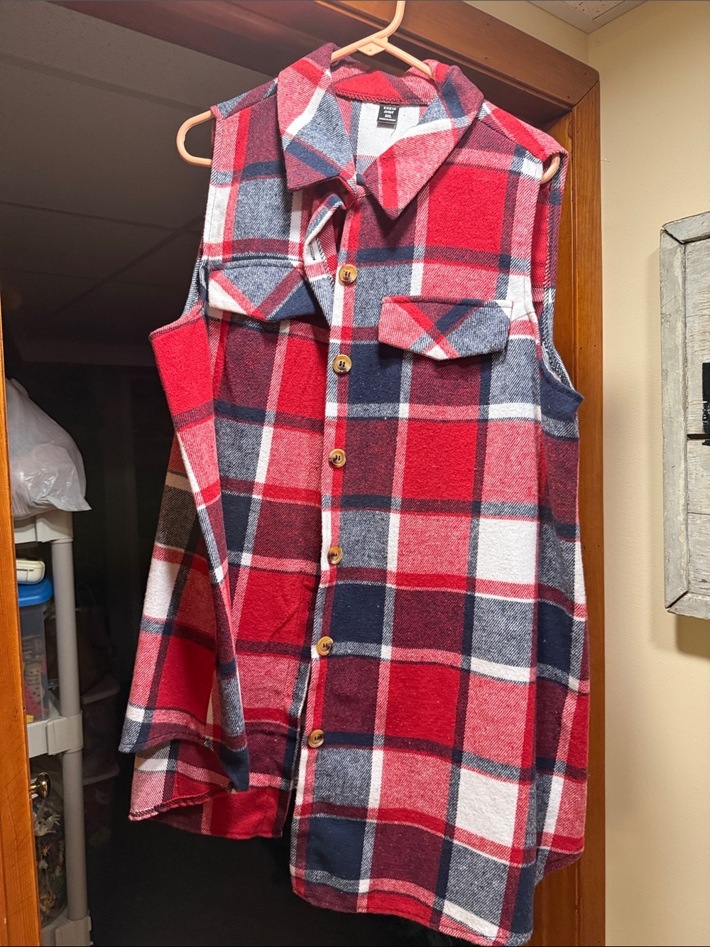 SHEIN Red Navy Plaid Button-Front Sleeveless Shirt Vest